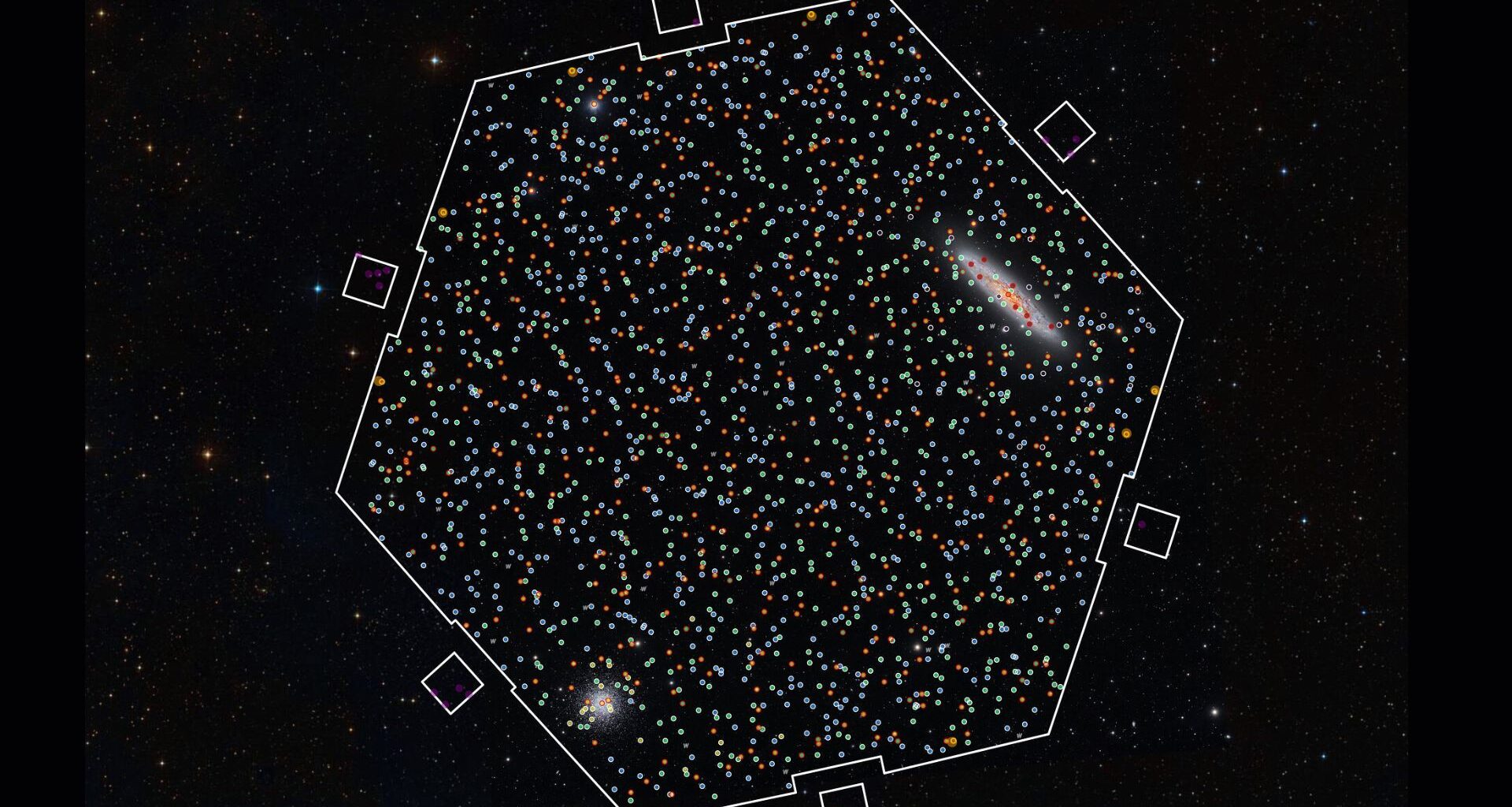 A hexagonal white ring with thousands of bright dots inside on a dark background.