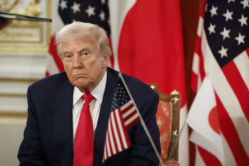 TOKYO, JAPAN  OCTOBER 28: (----EDITORIAL USE ONLY - MANDATORY CREDIT - 'BLOOMBERG / KIYOSHI OTA / POOL' - NO MARKETING NO ADVERTISING CAMPAIGNS - DISTRIBUTED AS A SERVICE TO CLIENTS----) US President Donald Trump and Japan's Prime Minister Sanae Takaichi (not seen) during a signing ceremony at Akasaka Palace state guest house in Tokyo, Japan, on October 28, 2025. (Photo by Kiyoshi Ota / POOL/Anadolu via Getty Images)