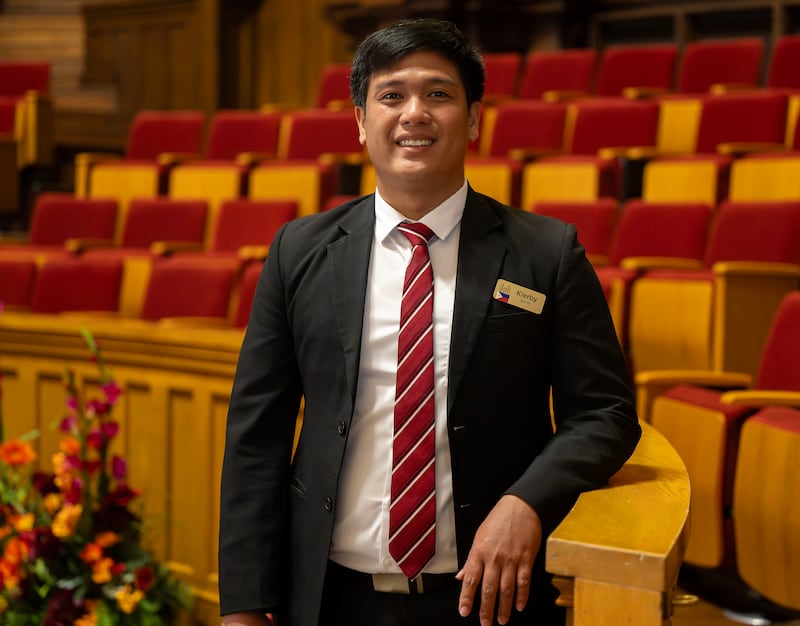 Kierby Jocobo Nanol poses for a photo as global members of The Tabernacle Choir at Temple Square discuss their musical histories and how they feel about the opportunity to be members of the choir, during an interview in the Tabernacle in Salt Lake City on Tuesday, Sept. 23, 2025.