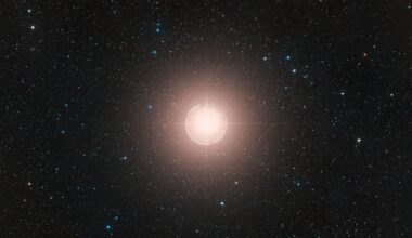 This image of Betelgeuse is a color composite made from exposures from the Digitized Sky Survey 2 (DSS2). A bright ball of light glows in the middle of deep space