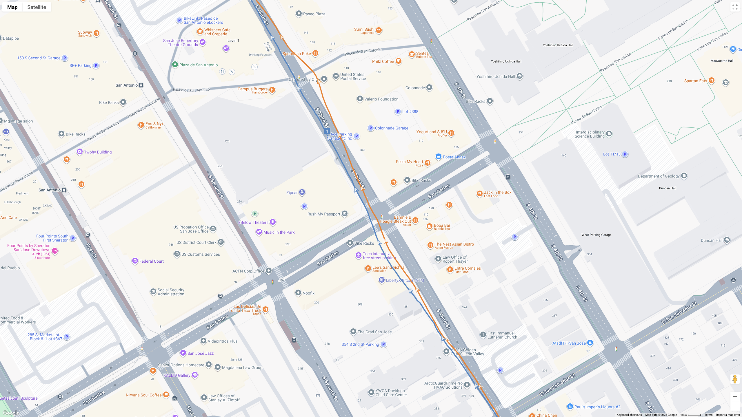 A GPS map showing how the Garmin Forerunner 970 (blue line) and Google Pixel Watch 4 (orange line) compare for a half-marathon test.