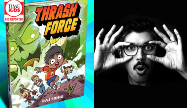 Left: the book Thrash Force with a Kid Reporter badge in the top left corner. Right: a man against a black background holding his glasses like binoculars