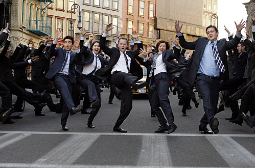 "Girls vs. Suits" -- The cast, Robin (Cobie Smulders), Ted (Josh Radnor), Marshall (Jason Segel), Lily (Alyson Hannigan), and Barney (Neil Patrick Harris) of HOW I MET YOUR MOTHER perform the musical number "Girls Vs. Suits," on the 100th episode airing, on Monday, January 11 (8:00-8:30 PM, ET/PT) on the CBS Television Network. Photo: Cliff Lipson/CBS&copy;2009 CBS Broadcasting Inc. All Rights Reserved.