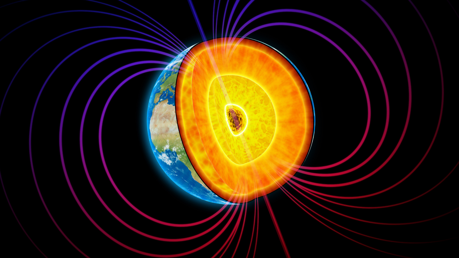 Earth cut-away with visible iron core and the magnetosphere.