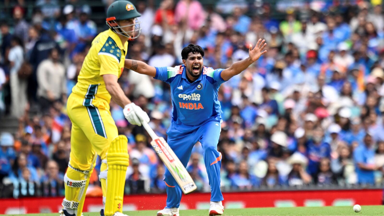 India's Harshit Rana appeals for LBW during the third ODI against Australia.
