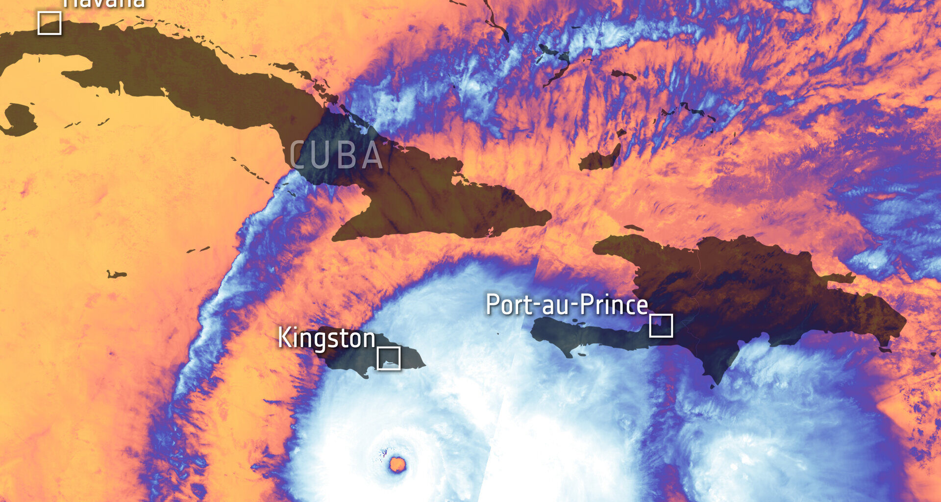 This image captured by the Copernicus Sentinel-3 mission show Hurricane Melissa as it barrelled through the Caribbean Sea