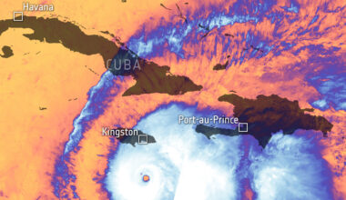 This image captured by the Copernicus Sentinel-3 mission show Hurricane Melissa as it barrelled through the Caribbean Sea
