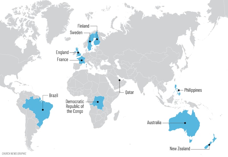 A map highlighting the 10 countries the global members: Australia, Brazil, Democratic Republic of the Congo, England, France, Finland, New Zealand, Philippines, Qatar and Sweden.