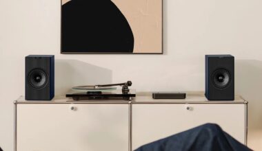 Pair of black bookshelf speakers on a white cabinet with a turntable and audio device between them.