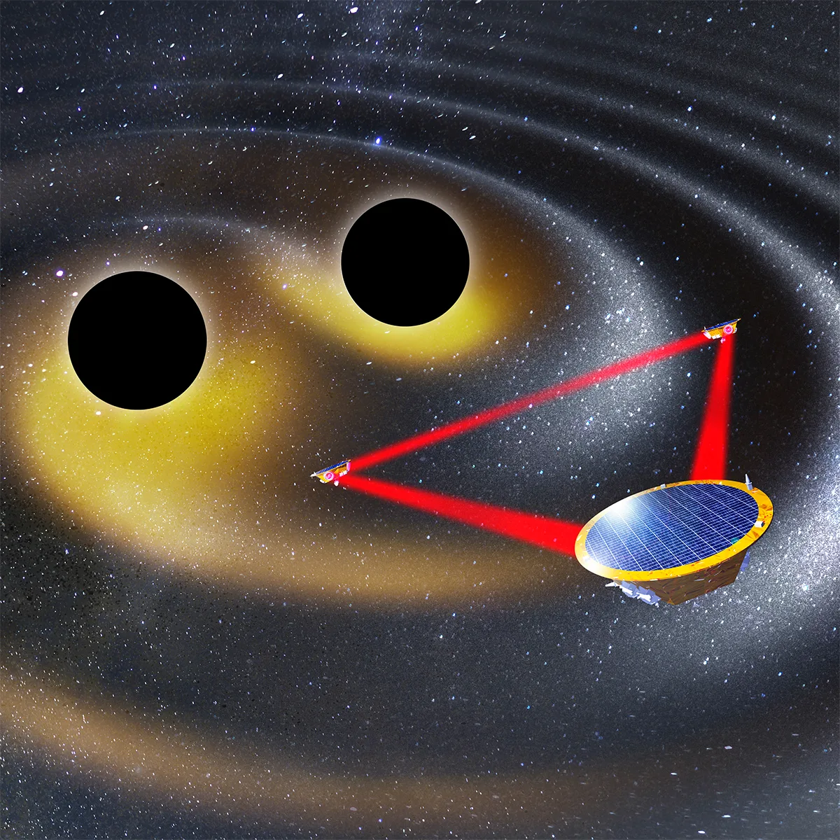 Illustration showing the Laser Interferometer Space Antenna, known as LISA, observing gravitational waves produced by two colliding black holes. Credit: vchal/istock/getty images, airbus