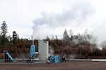 A blue cylinder billows steam indicating success for Mazama Energy’s pilot project on Super Hot Rocks on September 9, 2025. The company along with its partners are digging deep to harness heat from hot rocks in hopes to generate enough energy to someday power homes.