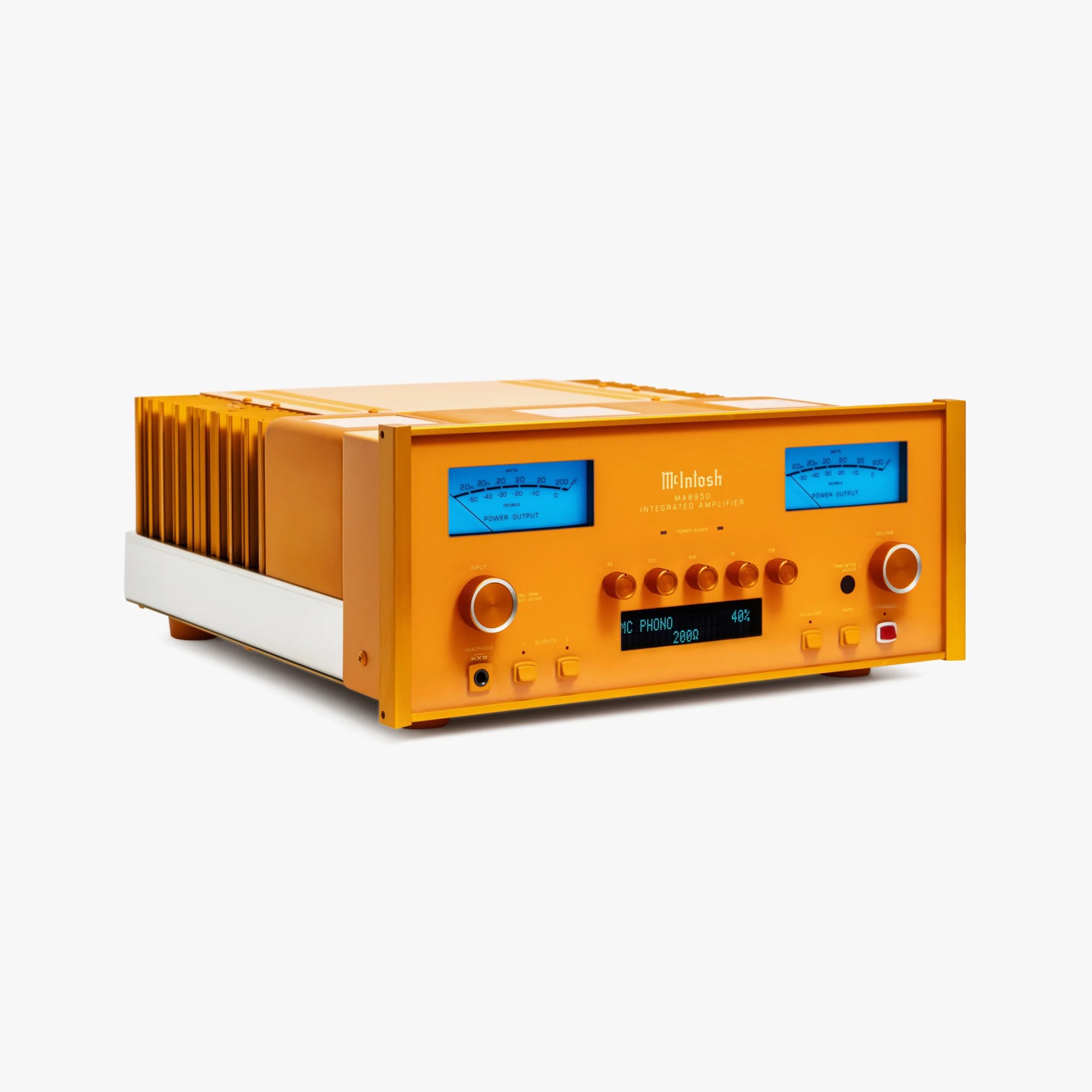 Orange McIntosh MA8950 integrated amplifier with blue-lit power output meters and digital display on a white background.
