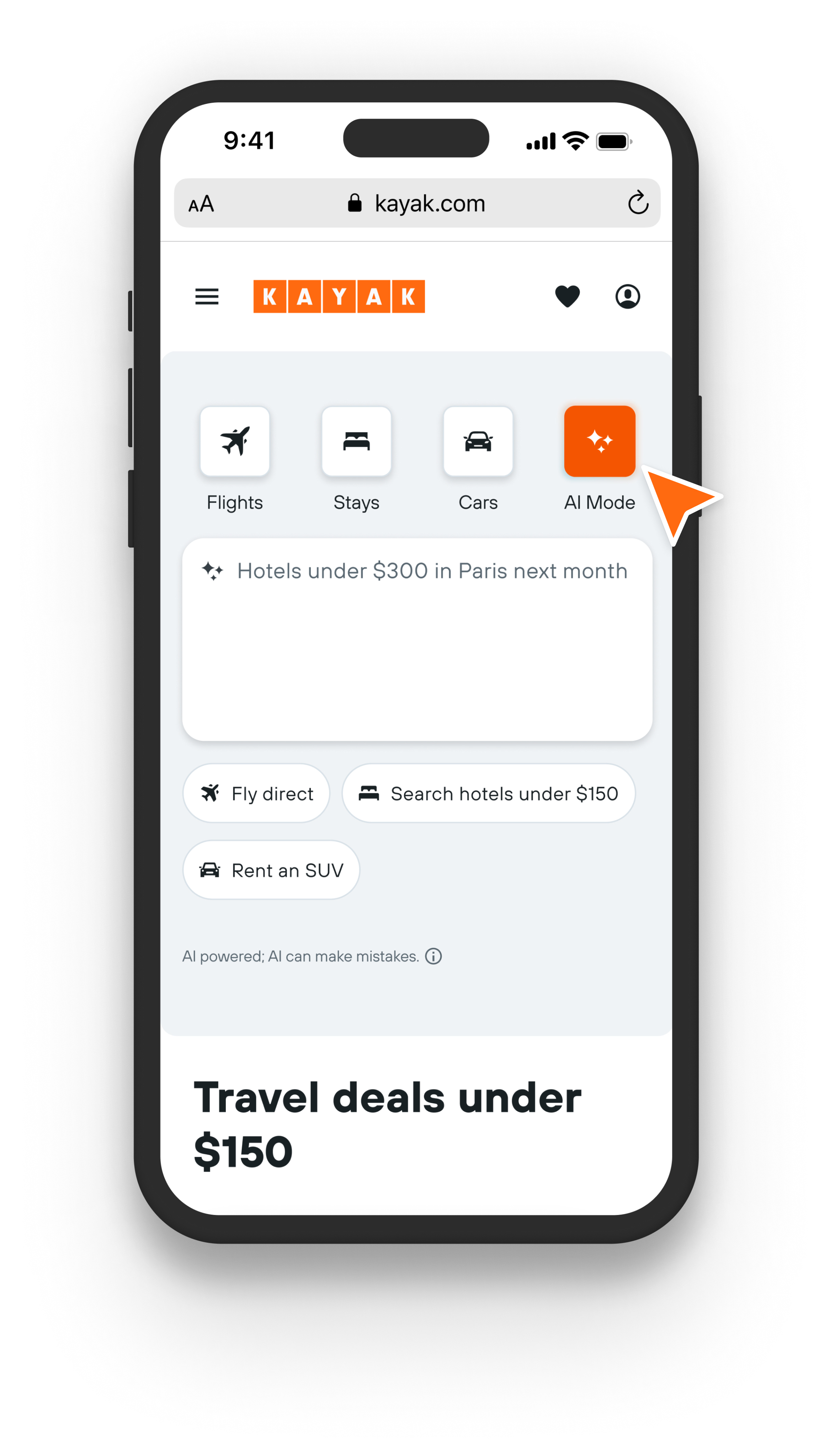 a screenshot showing the Kayak "AI mode" on its website, shown on an iPhone.