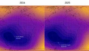 Two maps showing changes in the South Atlantic Anomaly between 2014 and 2025.