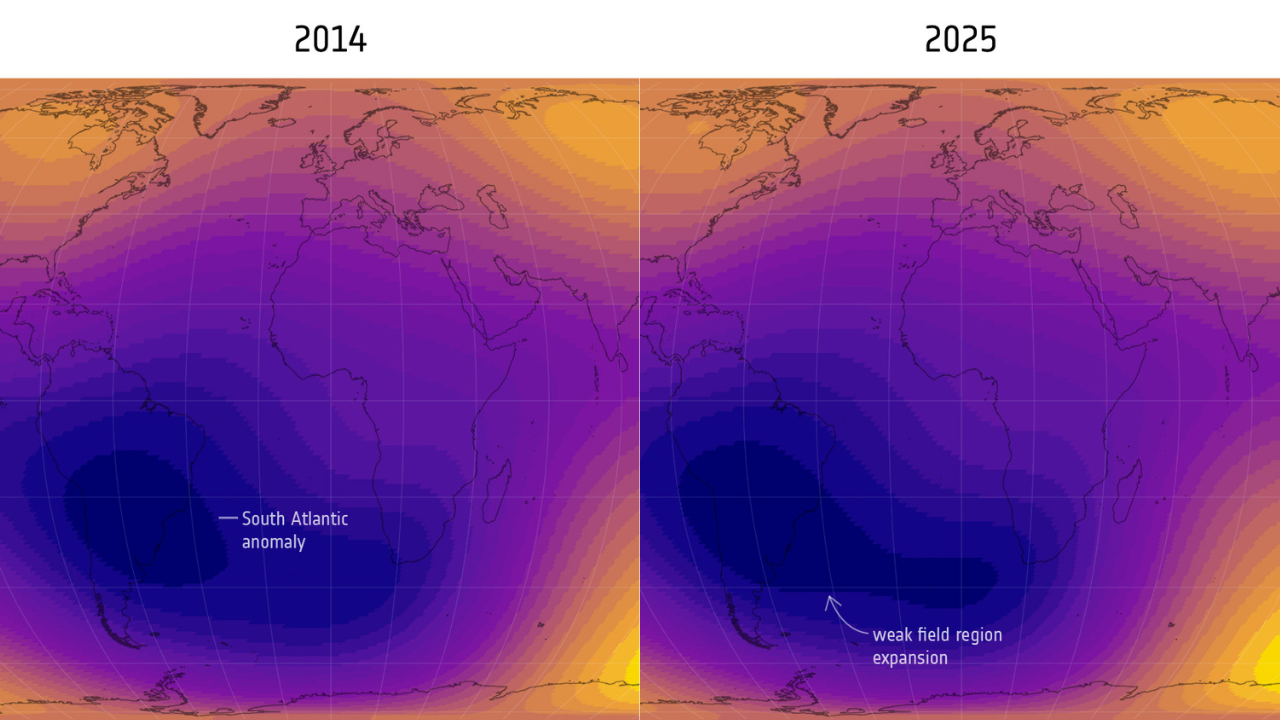 Two maps showing changes in the South Atlantic Anomaly between 2014 and 2025.