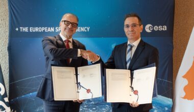 ESA Director General Josef Aschbacher and Nicodemos Damianou, Deputy Minister of Research, Innovation and Digital Policy of the Republic of Cyprus sign the agreement in Paris.