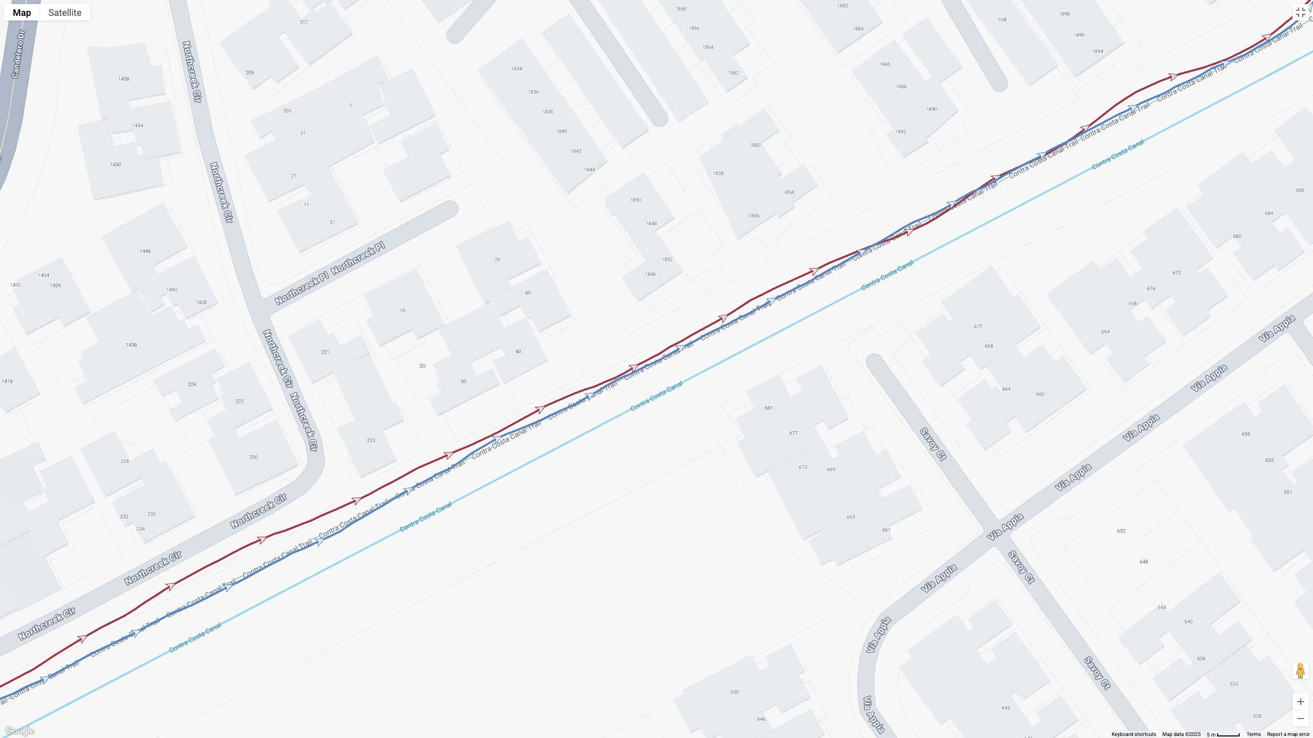 A Google Maps view of GPS run data from the Google Pixel Watch 4 (red) and Garmin Forerunner 970 (blue).
