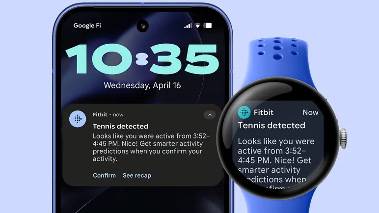A render of a Pixel phone and Pixel Watch 4 atop a blue background, both showing a "Tennis detected" notification for the user to confirm if they worked out from a certain period.