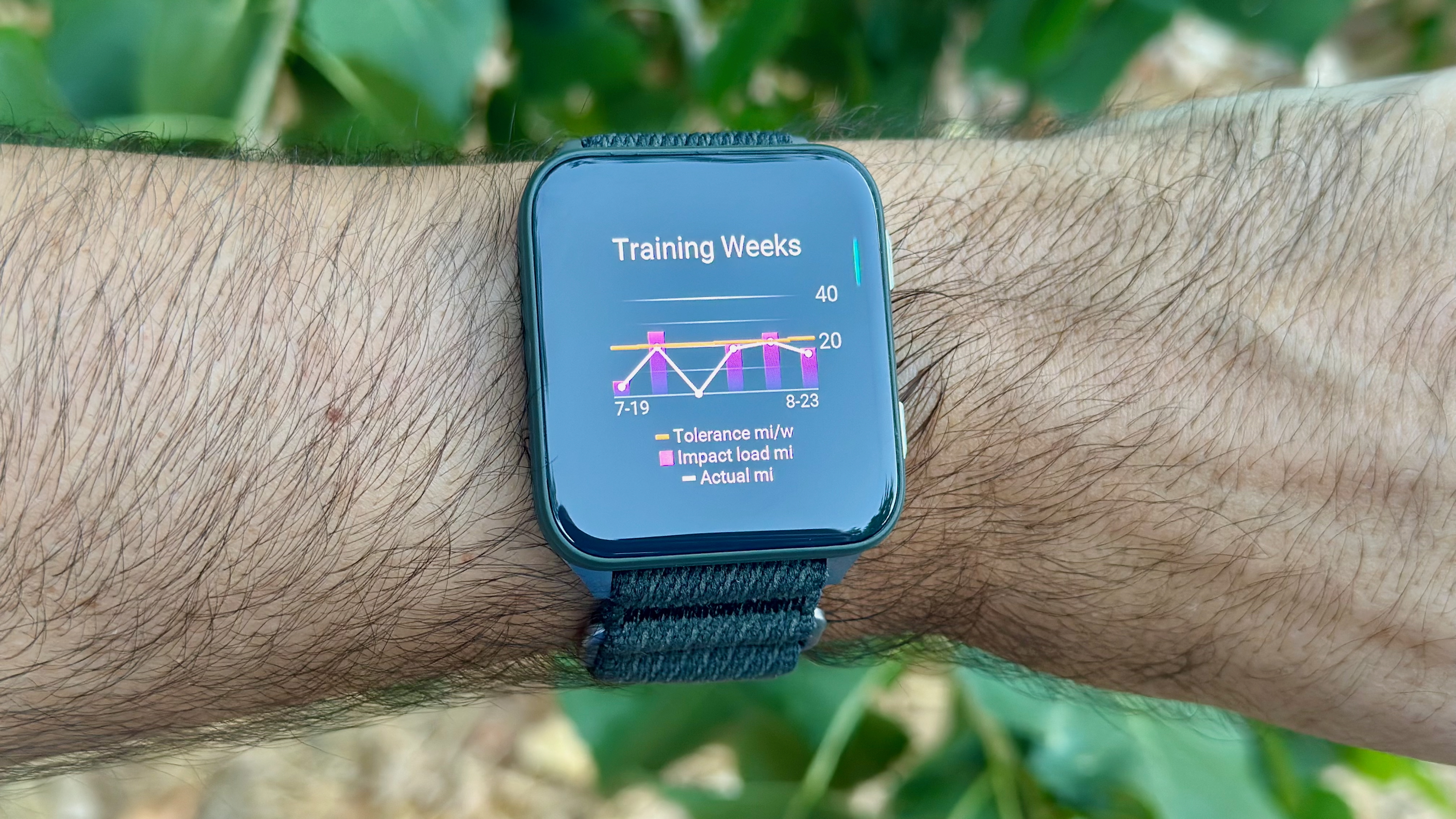 The Garmin Venu X1 on the author's wrist, showing the "Training Weeks" widget for running tolerance, with the past month of workouts in a graph showing tolerance miles/week, impact miles, and actual miles.