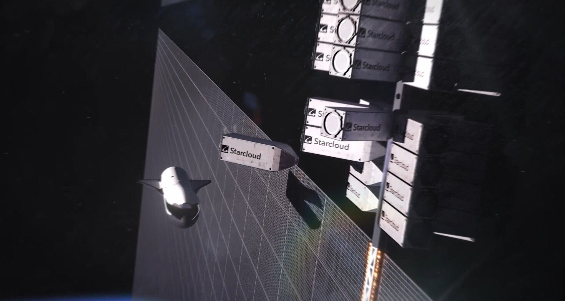 An illustration showing a data center in space with various white modules of servers