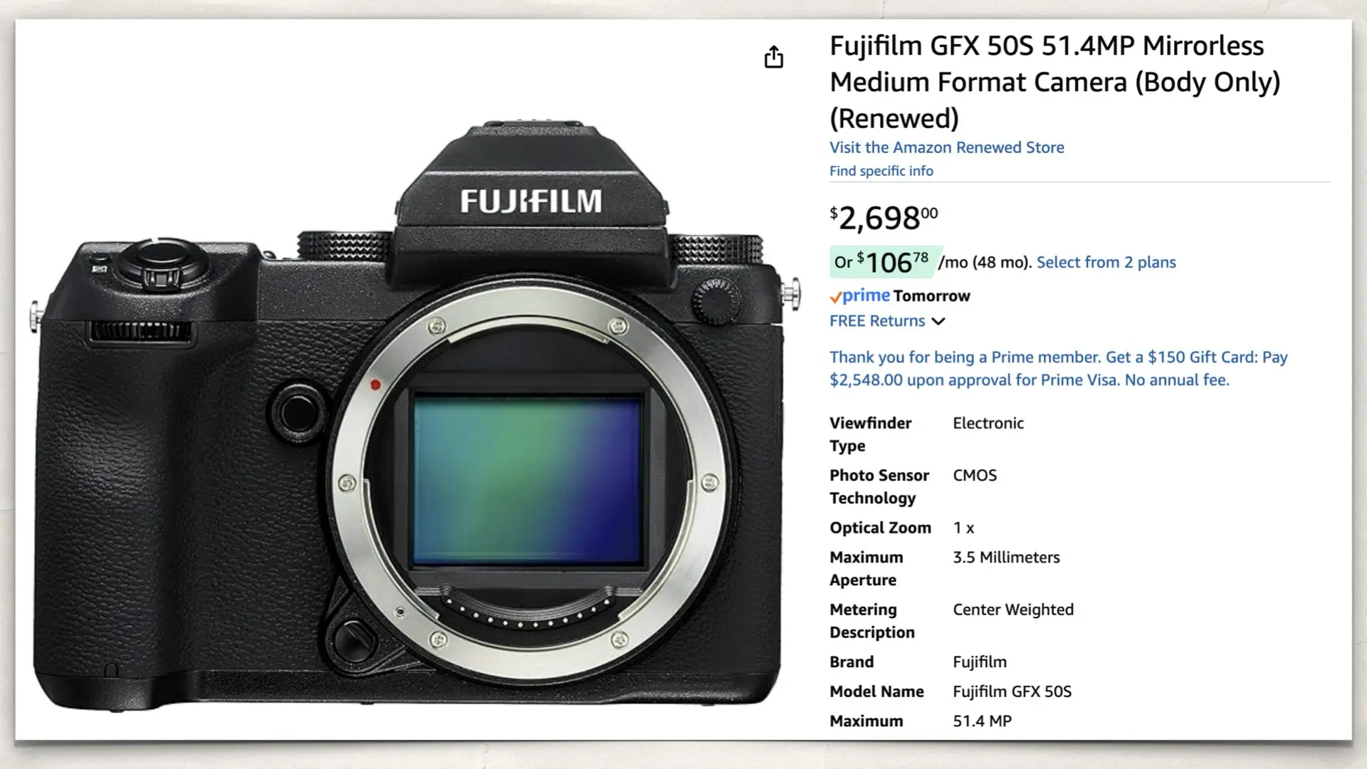 Fujifilm GFX 50S on Amazon Renewed