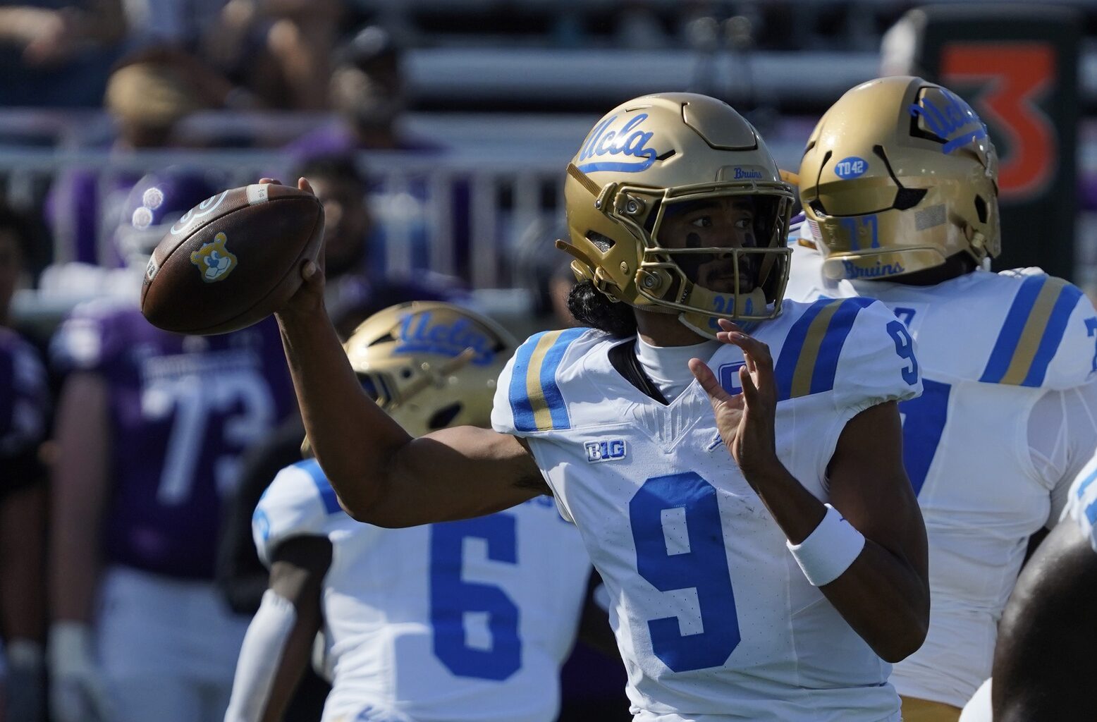 Sep 27, 2025; Evanston, Illinois, USA; UCLA Bruins quarterback Nico Iamaleava (9) passes the ball against the Northwestern Wildcats during the first half at Northwestern Medicine Field at Martin Stadium.