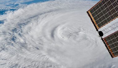 a radial white cloud formation as viewed from above Earth