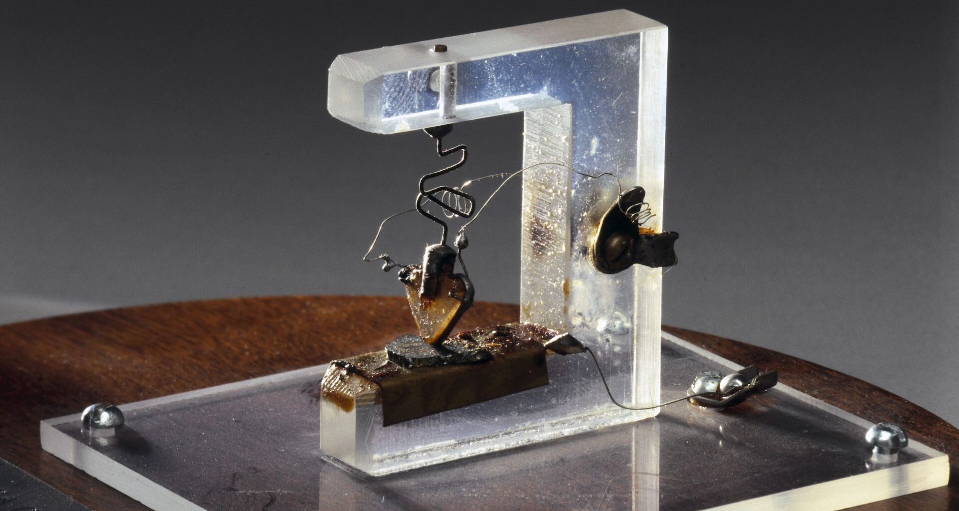 A photograph of a replica of the world's first working transistor