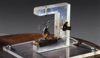 A photograph of a replica of the world's first working transistor