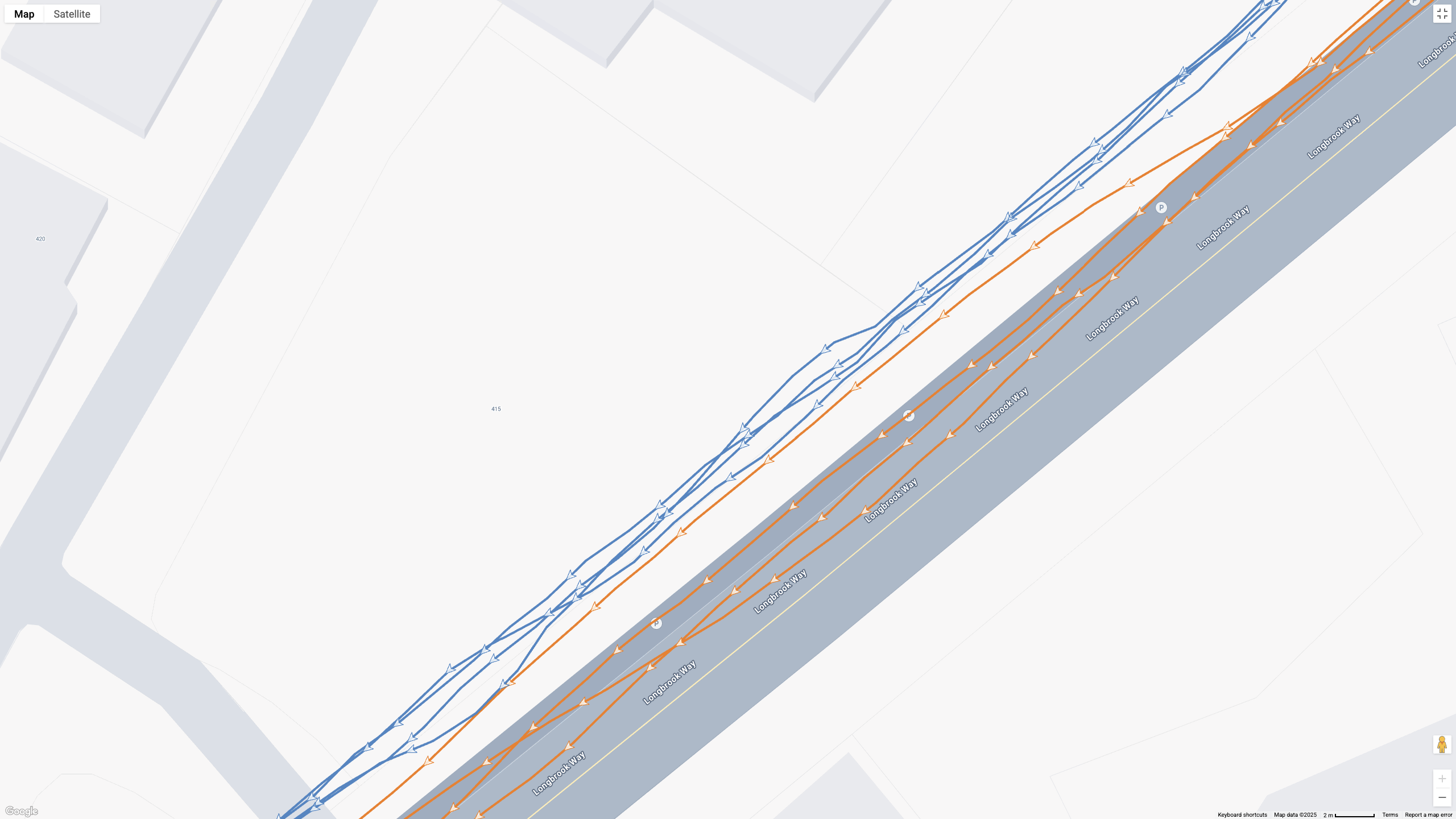 A Google Maps view showing GPS lines for the Google Pixel Watch 4 (orange) and Garmin Forerunner 970 (blue) and how they compare.