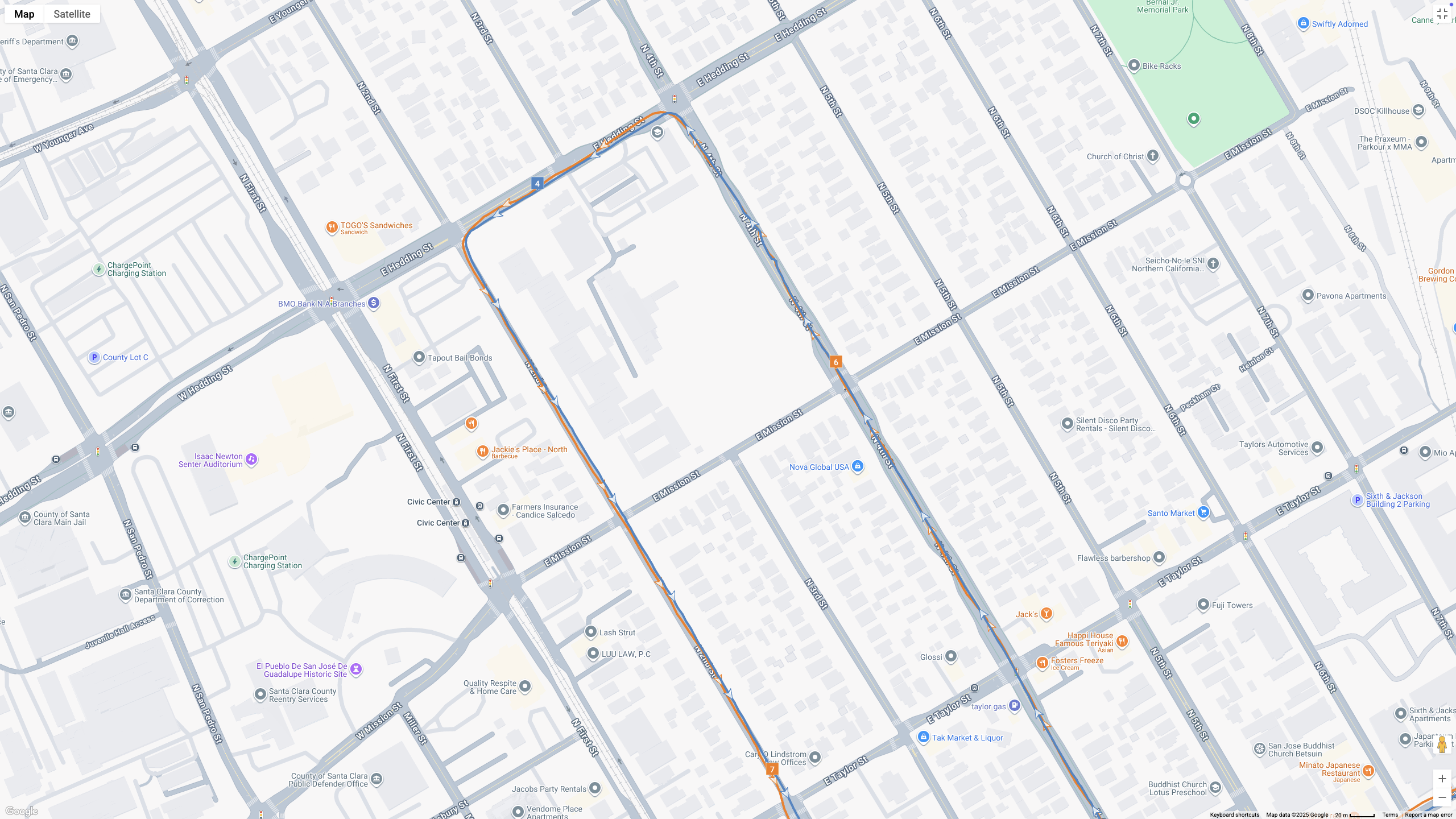 A GPS map showing how the Garmin Forerunner 970 (blue line) and Google Pixel Watch 4 (orange line) compare for a half-marathon test.