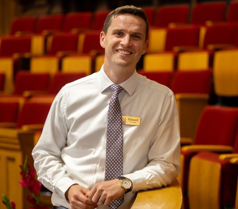 Edward Pentreath poses for a photo as global members of The Tabernacle Choir at Temple Square discuss their musical histories and how they feel about the opportunity to be members of the choir, during an interview in the Tabernacle in Salt Lake City on Tuesday, Sept. 23, 2025.