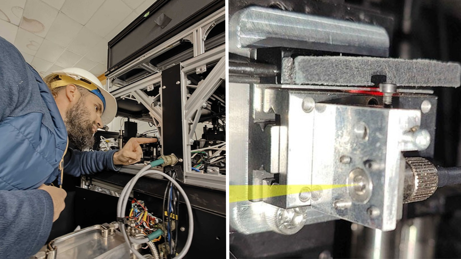 Side-by-side photos of a research next to some equipment and a close-up of the photonic lantern device