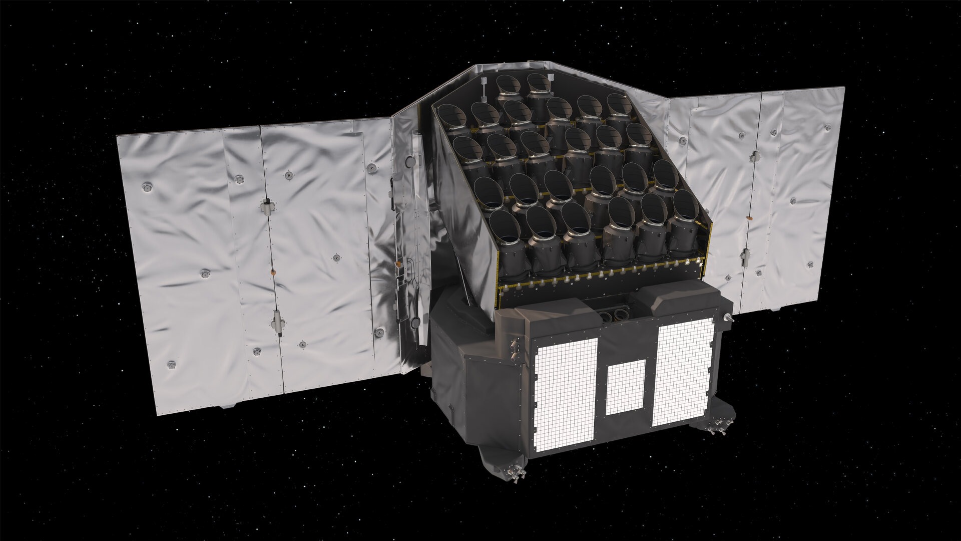a cube-shaped spacecraft with two wing-like solar panels covered in silver foil
