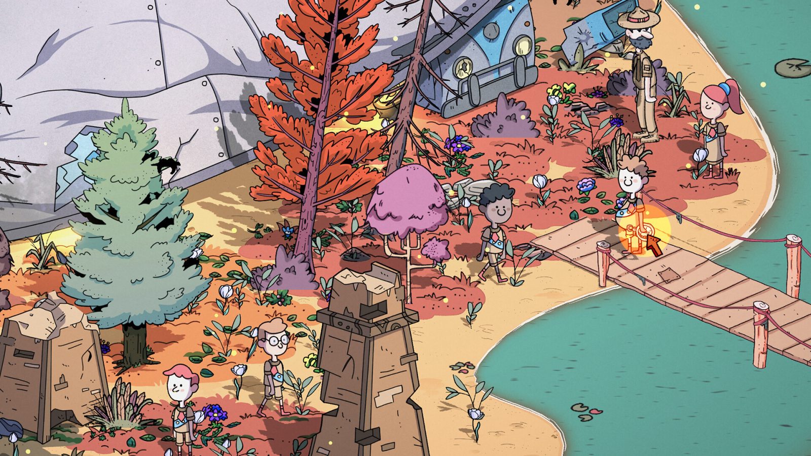 A cartoon of a forest with a lake and trees