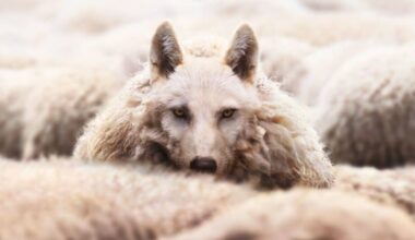 Wolf In A Herd Of Sheep Dressed In Wool