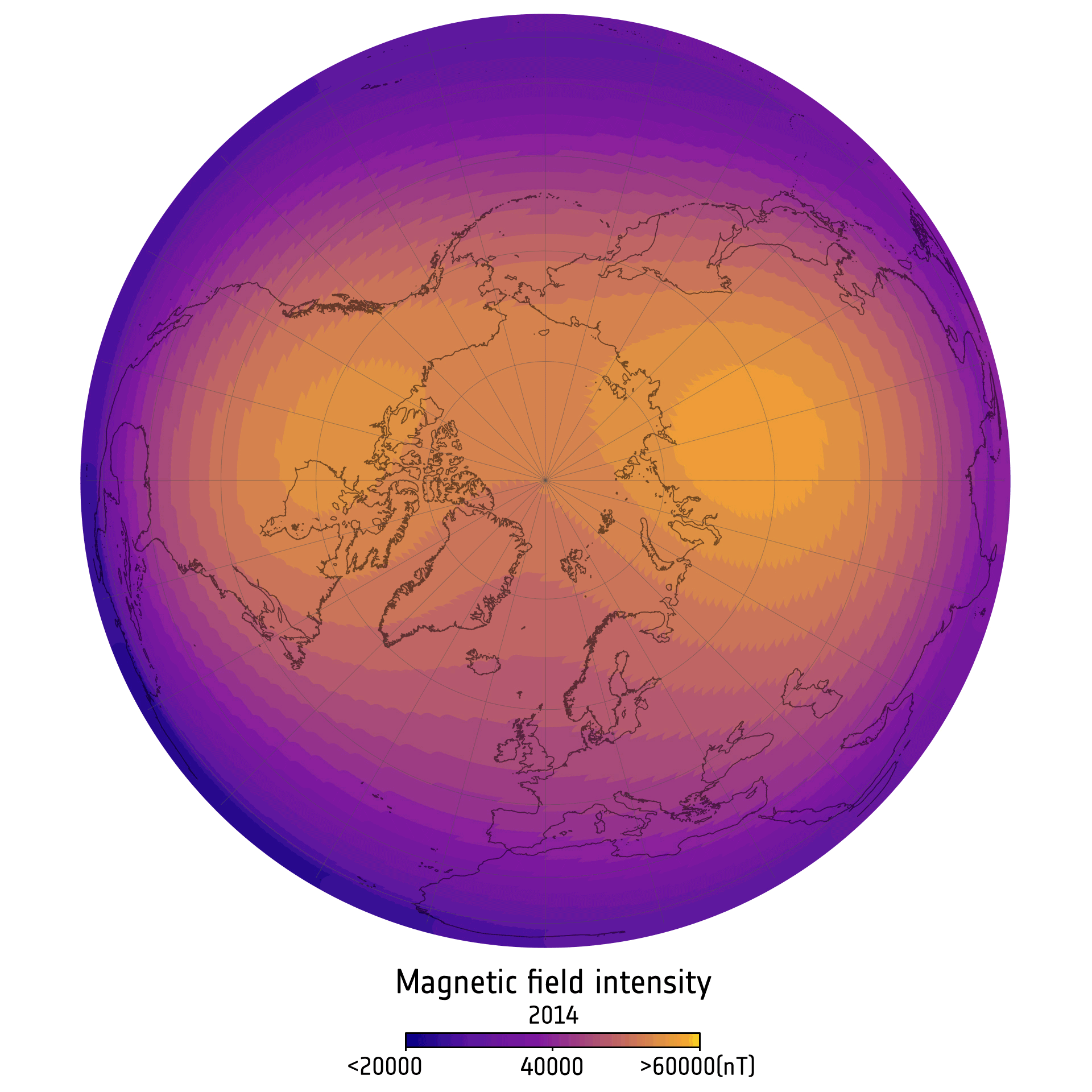 A diagram of Earth showing changes in the size of two strong regions in the magnetic field above Canada and Siberia.
