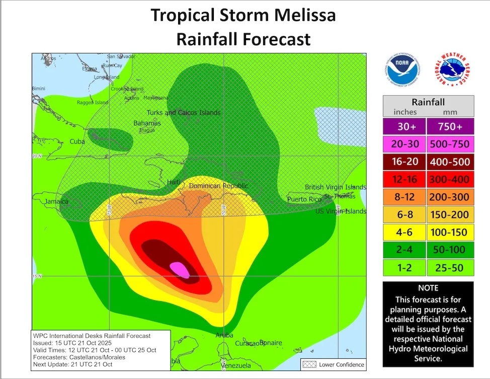 a forecast of rainfall in the Caribbean from Tropical Storm Melissa