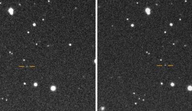 Two space photographs side by side, showing 2025 SC79's motion relative to background stars.