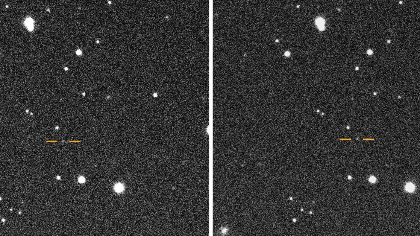 Two space photographs side by side, showing 2025 SC79's motion relative to background stars.