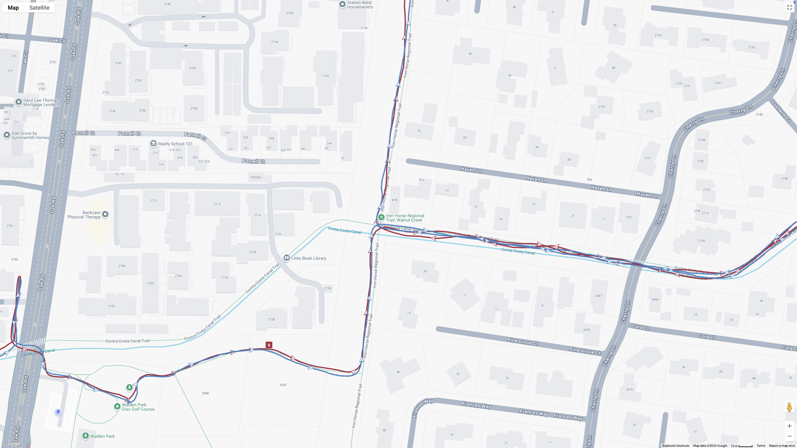 A Google Maps view of GPS run data from the Google Pixel Watch 4 (red) and Garmin Forerunner 970 (blue).