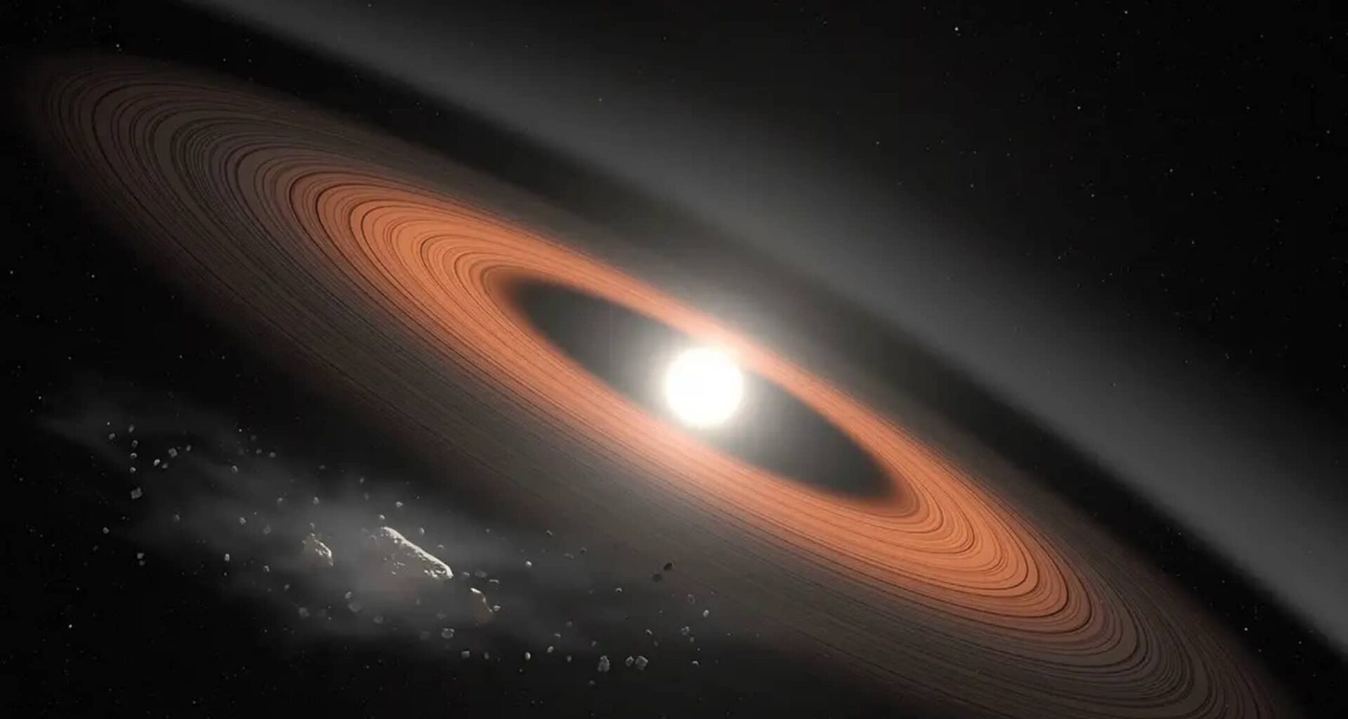 Artist’s Rendering Of A White Dwarf Surrounded By A Ring Of Debris, With An Asteroid Breaking Up Under The Gravity Of The Star