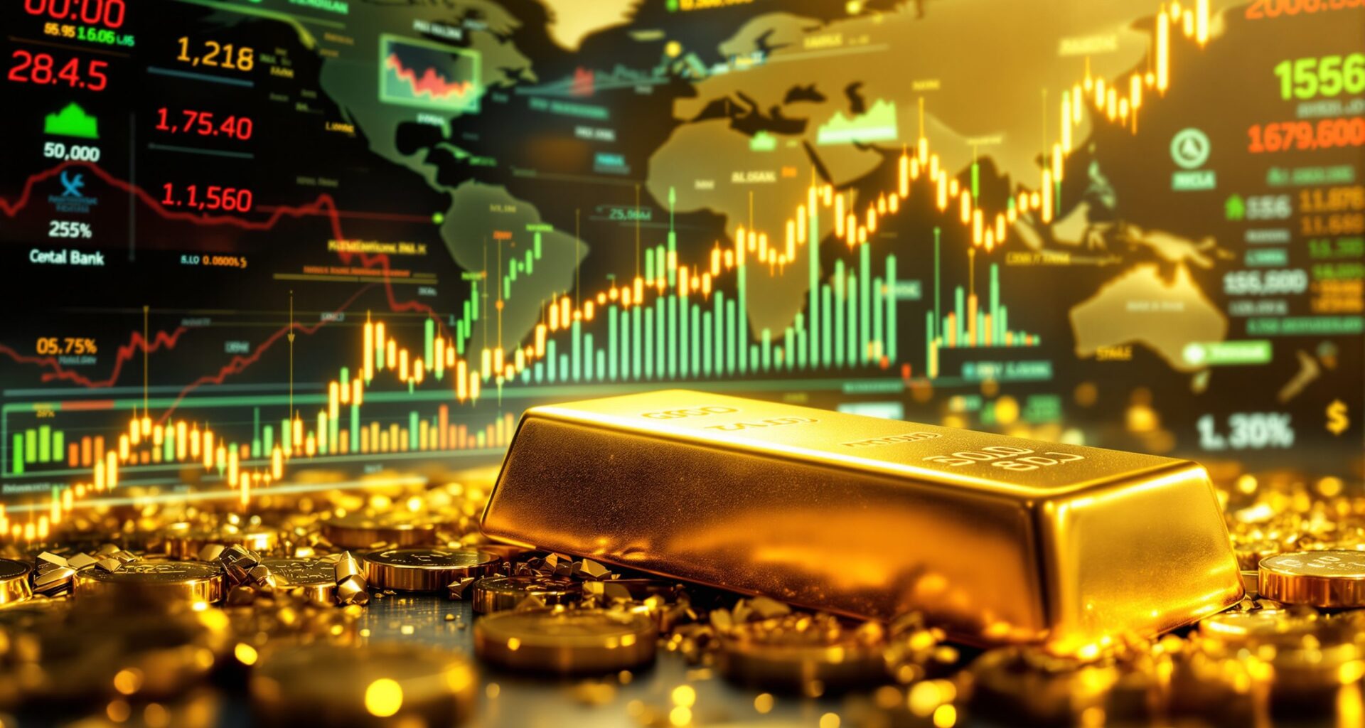 Gold price rally shown with gold bars.