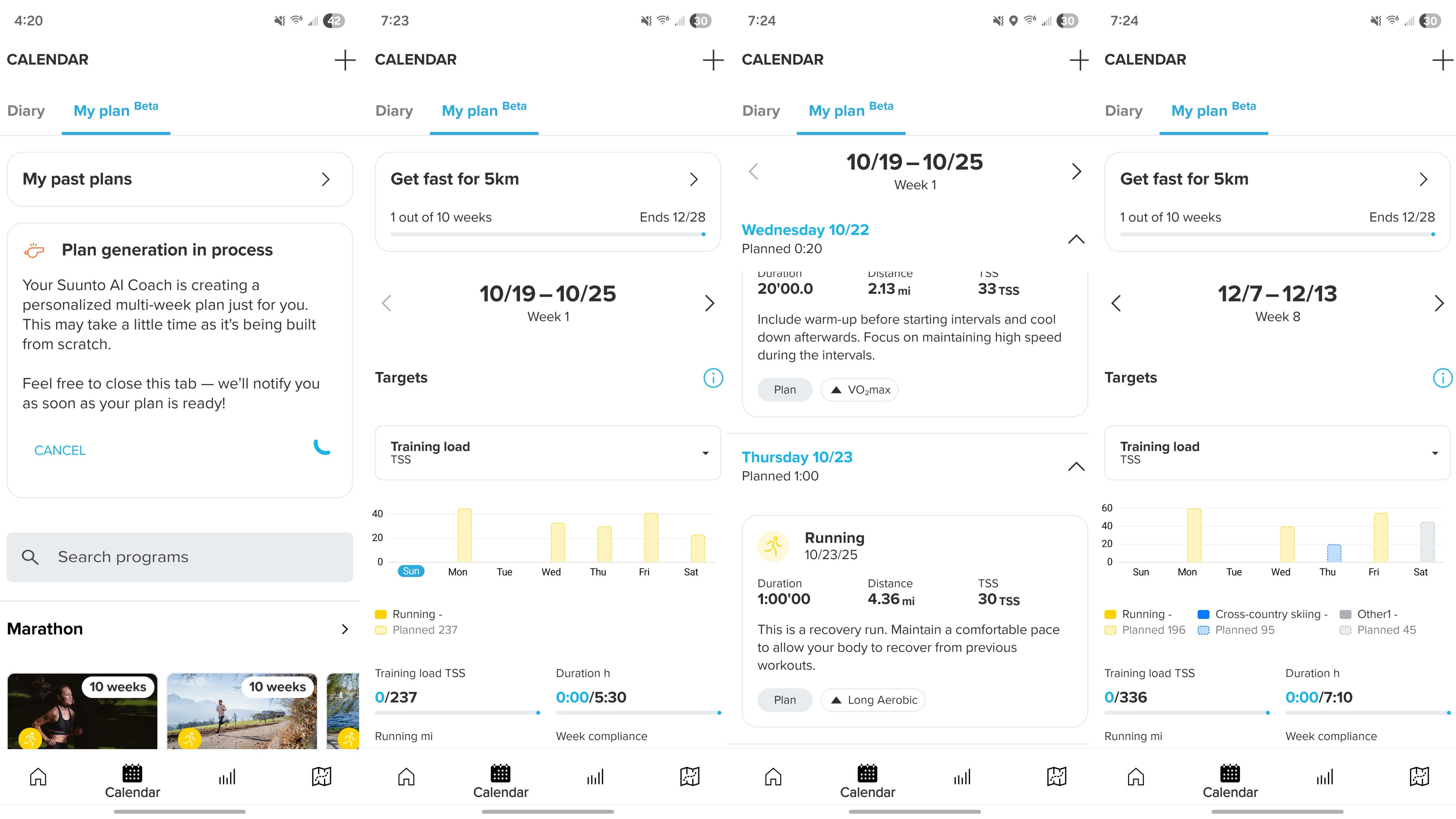 Screenshots of the Suunto app showing Suunto Coach and My Plan AI features.