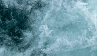 A swirl of blue and white shows ocean waves roiling in the water