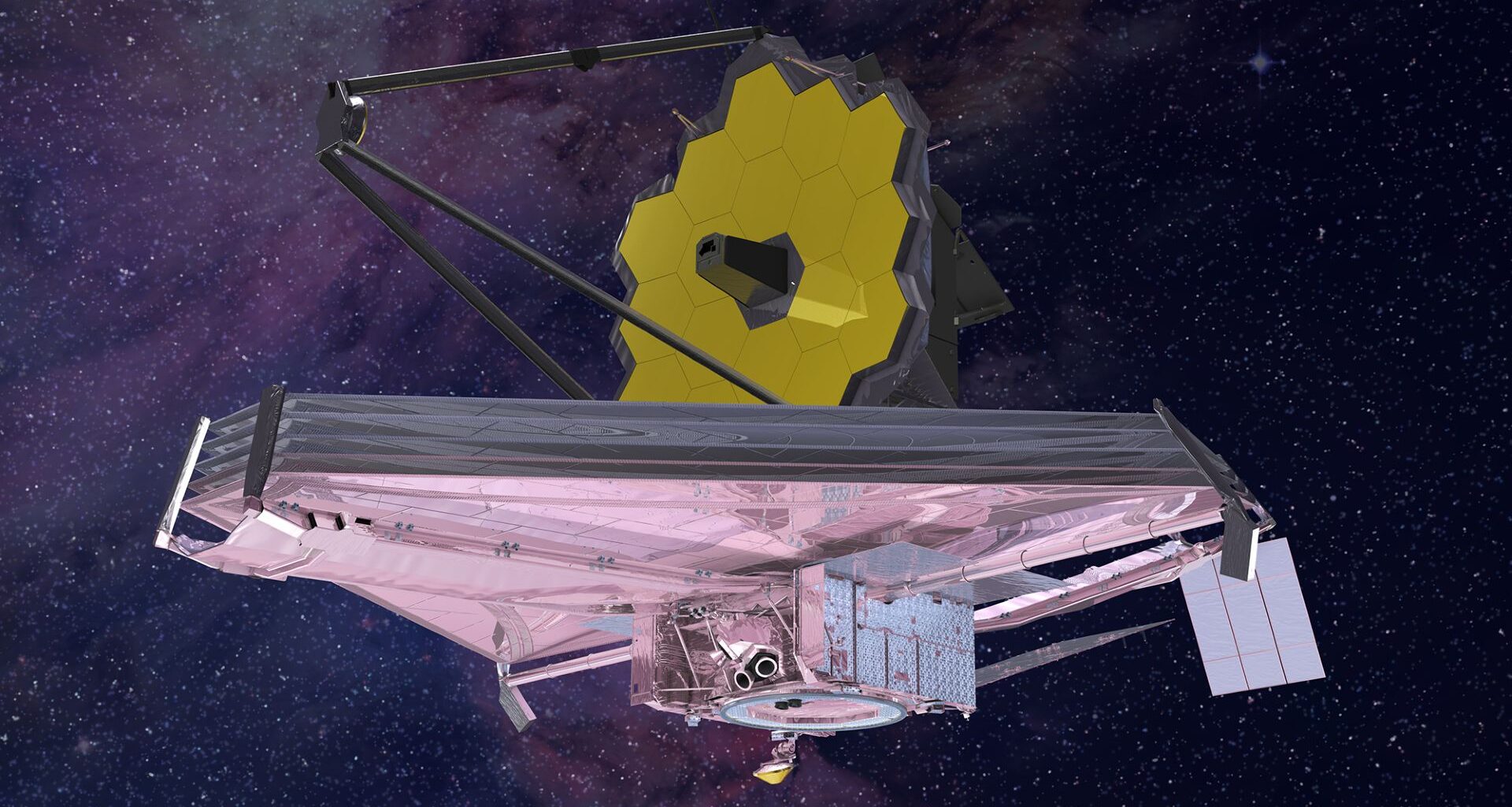 An artist's impression of the James Webb Space Telescope flying through space against a star strewn deep blue sky featuring nebula clouds.