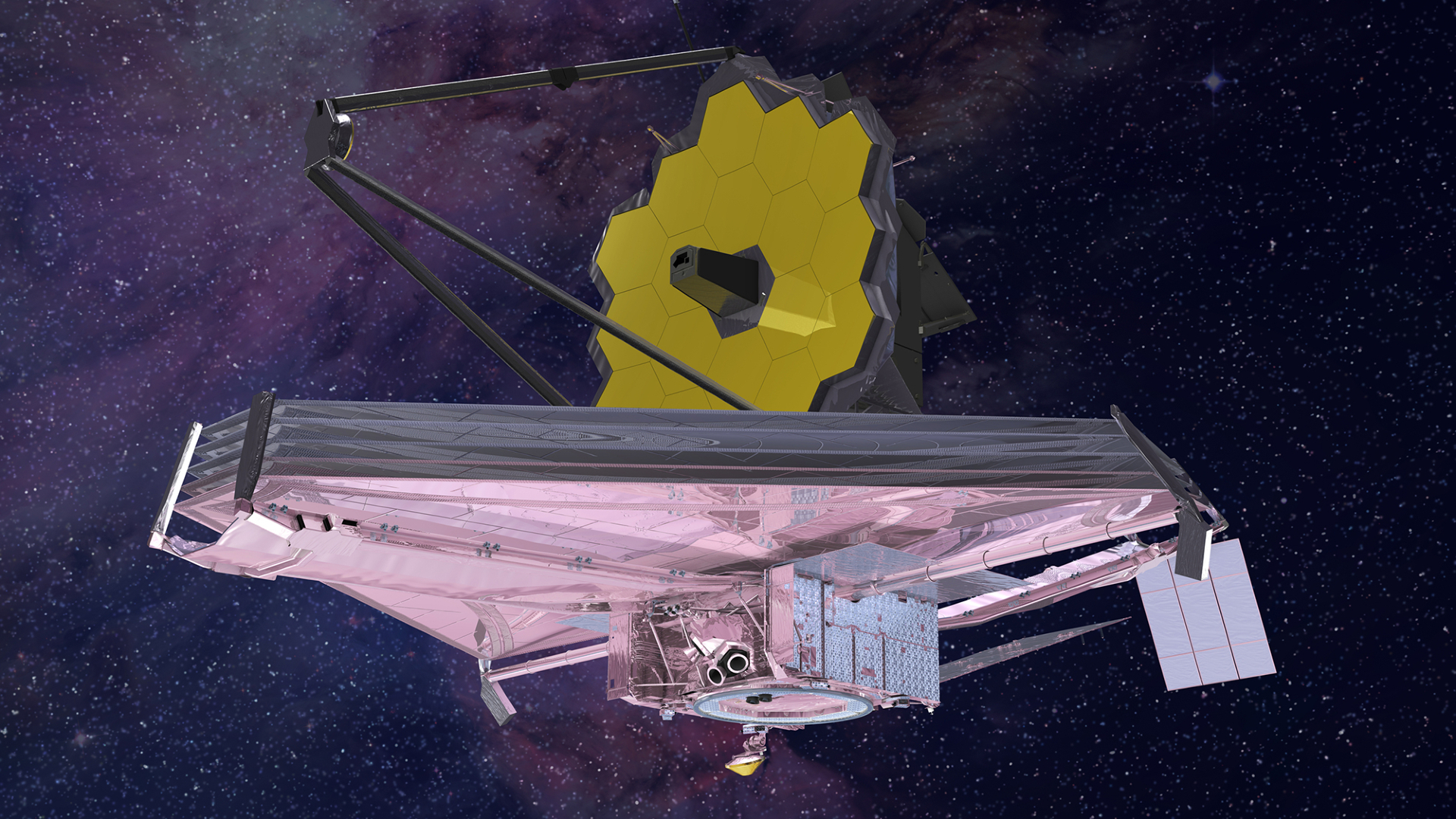 An artist's impression of the James Webb Space Telescope flying through space against a star strewn deep blue sky featuring nebula clouds.