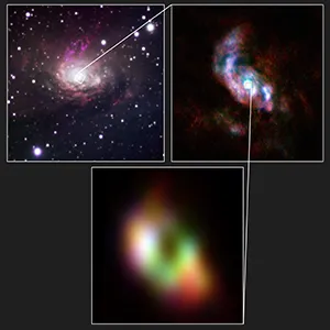 Astronomer Walt Goesaert mapped how molecular gas is distributed in the Circinus galaxy, about 13 million light-years away. The galaxy is shown in the top left corner in visible light. The two insets are images taken with the Atacama Large Millimeter/submillimeter Array (ALMA)