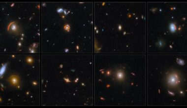 A collage of eight Webb images of gravitational lensing are shown. Each of the images show various distorted galaxies in the centre of each frame, including arcs and circular shapes
