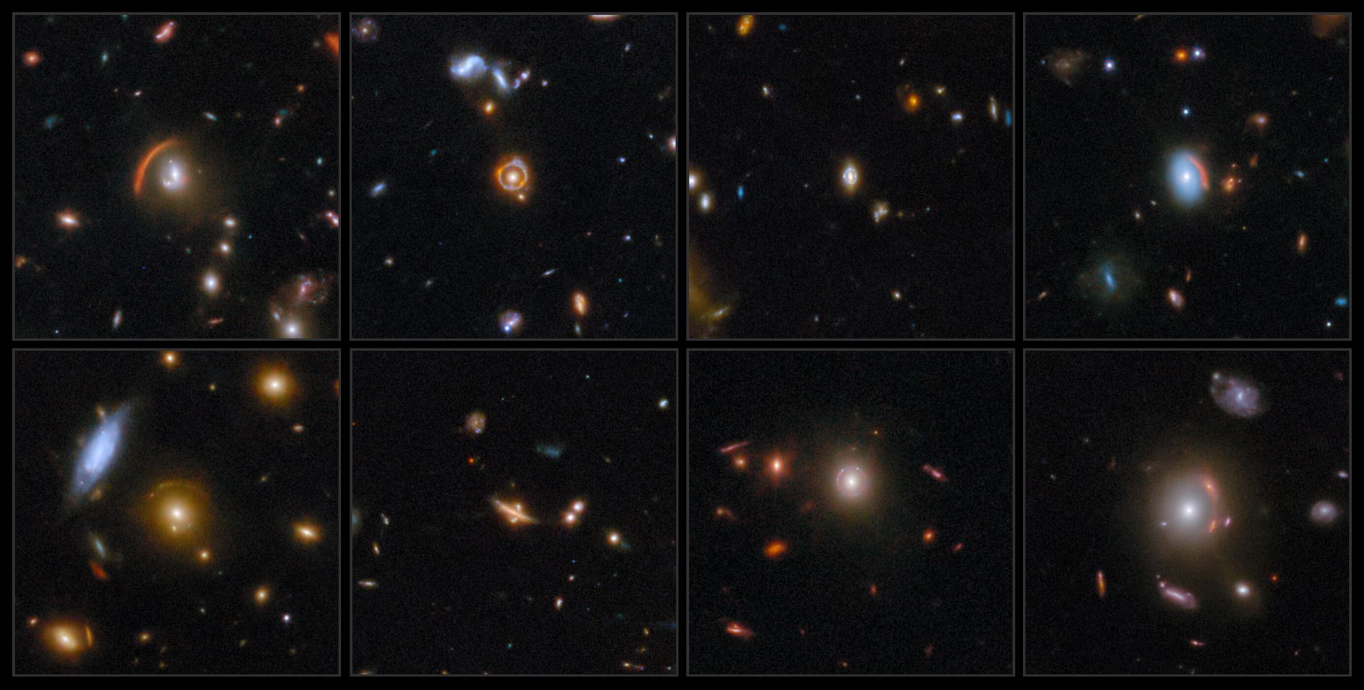 A collage of eight Webb images of gravitational lensing are shown. Each of the images show various distorted galaxies in the centre of each frame, including arcs and circular shapes
